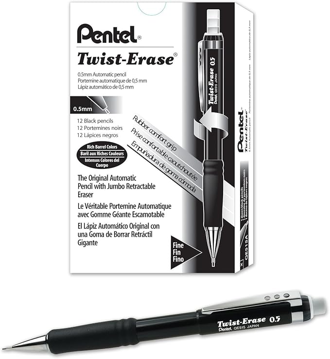 Pentel Twist-Erase III Mechanical Pencil, (0.5mm), Black Barrel, 12 Pack (QE515A)