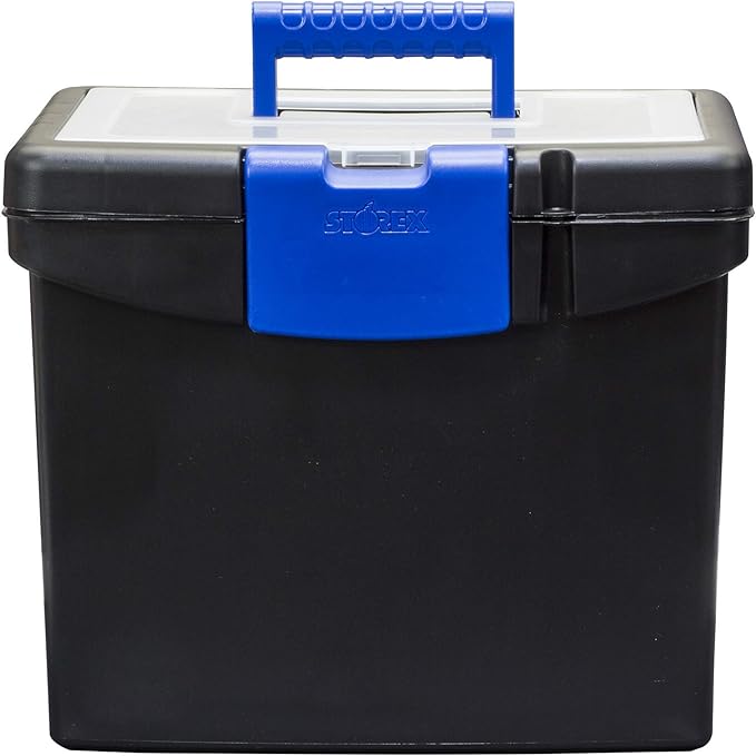 Storex Portable File Box, with Lockable XL Supply Storage Lid and Carry Handle, Black/Blue, 10.9 x 11 x 13.25 Inches, 2-Pack (61415B02C)