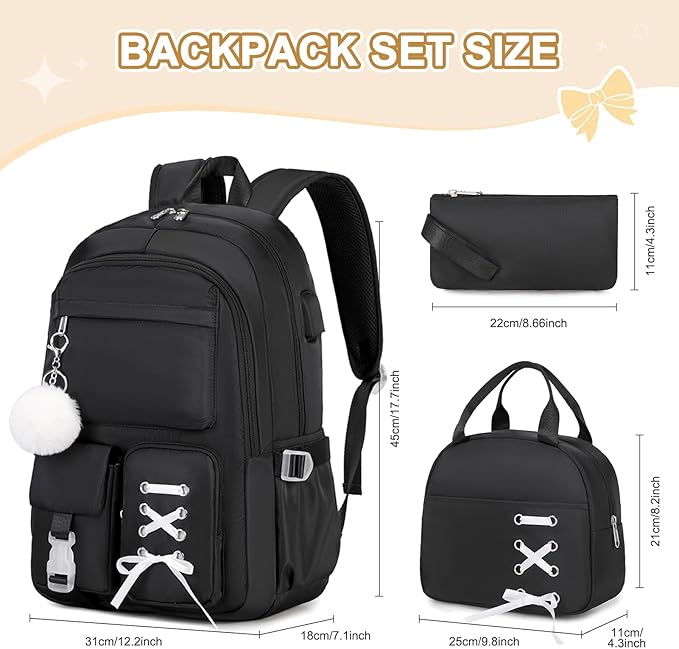 Backpacks for Girls, Girls Backpack with Lunch Box & Pencil Pouch for Teens Girl Kids Elementary Middle High School College Student Bookbag Daypack Laptop Travel Backpack for Women (Black)
