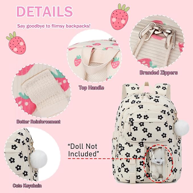 Corduroy Flower Backpack for Girls Teens School Bookbag with Lunch Box Pencil Case Laptop Sleeve Elementary Middle School Bag, Flower-Black