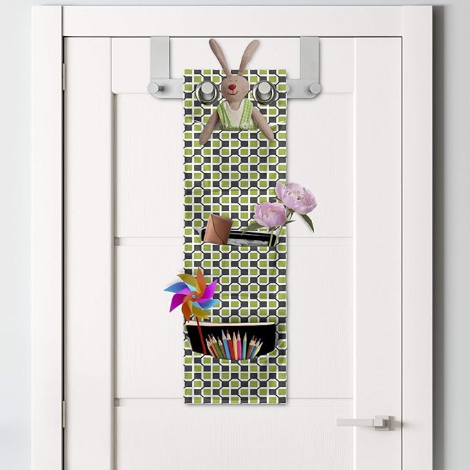 Ambesonne Abstract Hanging Pocket Organizer, Pattern of Symmetric Mini Rectangles Connected with Streaks, Printed Polyester Storage Bag with Pockets, 9" x 27", Lime Green Taupe Grey