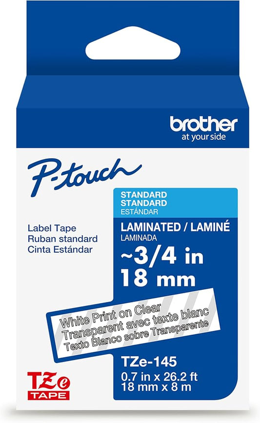 Brother Genuine P-Touch TZe White Print on Clear Label Tape (TZe145), Laminated,3/4in x 26.2ft (18mm x 8m), for Select P-Touch Label Makers, Durable, Water-Resistant, Indoor/Outdoor Use