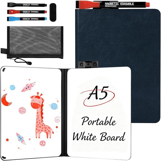 8.4" x 6" Portable White Board Dry Erase Notebook, PU Leather Shell Double Sided Folding Whiteboards with 3 Pens, Small Travel Dry Erase Board for Study, Meeting, Planning,doodling,Gift for Child