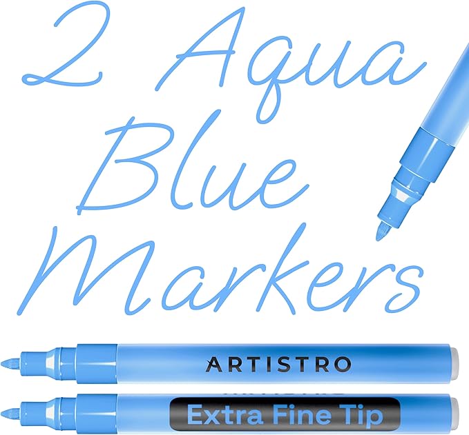 ARTISTRO 2 Light Blue Acrylic Paint Markers - 0.7mm Aqua Extra Fine-Tip Paint Pens - Perfect for Crafting, Art Projects, & More