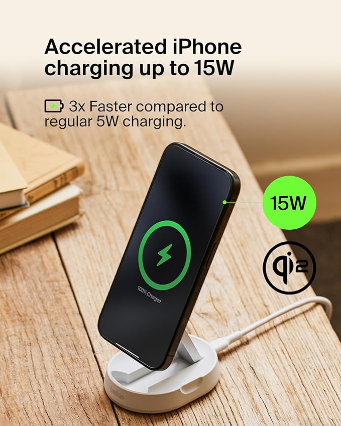 Belkin Convertible Magnetic Charging Stand 15W - MagSafe-Compatible Fast Qi2 Charger, iPhone Charger for Apple iPhone 16, 16 Plus, 16 Pro, 16 Pro Max, iPhone 15 & 14, Apple Airpods Pro, & More - White