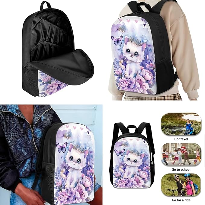 Cat Flower Kids Backpack Set for Girls, Large Lightweight Kids School Backpack Set with Lunch Bag Cute Pencil Case, Girls Bookbag Back to School Supplies, Purple and White