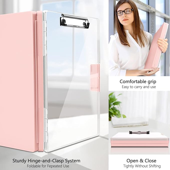 SFLHHDM Clipboard with Storage,Heavy Duty Clip Boards 8.5x11 with 2 Storage Case,Clear Visible Panel Storage Clipboards,Side Opening Nursing Clipboard Folder for Office Supplies-Pale Pink