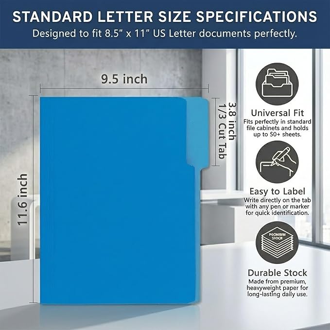 150 Packs File Folder,Blue Folders 1/3-Cut Tabs,Letter Size File Folder,8.5x11 Inch File Folders for Office,School and Home,Organizer Documents