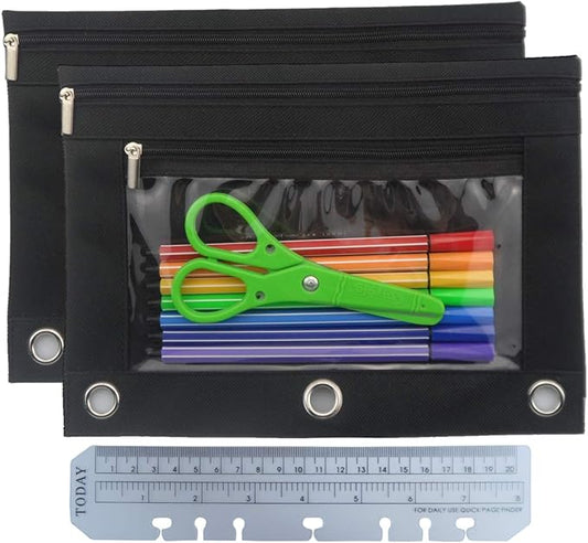 Enyuwlcm 3 Ring Binder Pencil Pouch with Durable Zipper Binder Pencil Case with Clear Window 2 Pocket Black Canvas 2 Pack