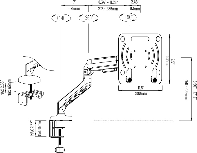 Mind Reader Gas Spring Laptop Desk Mount, Fits 11.6–17.3" Laptops or Monitors, 180° Rotate, 13.2 lb Capacity, Single Arm with Integrated Cable Management, Adjustable Tilt/Swivel, Black