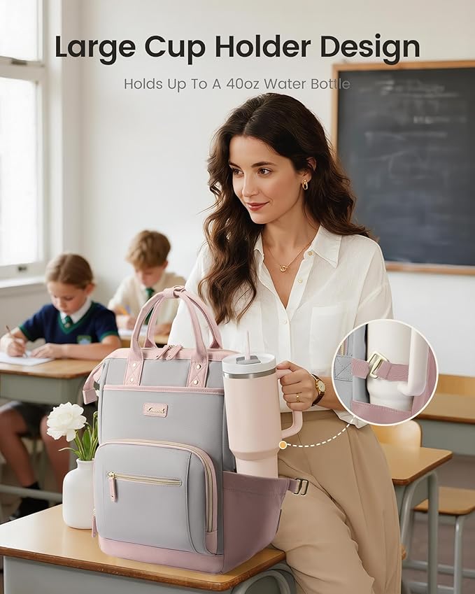 LOVEVOOK Laptop Backpack for Women with Giant Tumbler Holder,15.6 inch Professional Nurse Teacher Backpack Computer Laptop Bag,Cute Waterproof Travel Backpack Purse Work College Bag, Grey-Pink