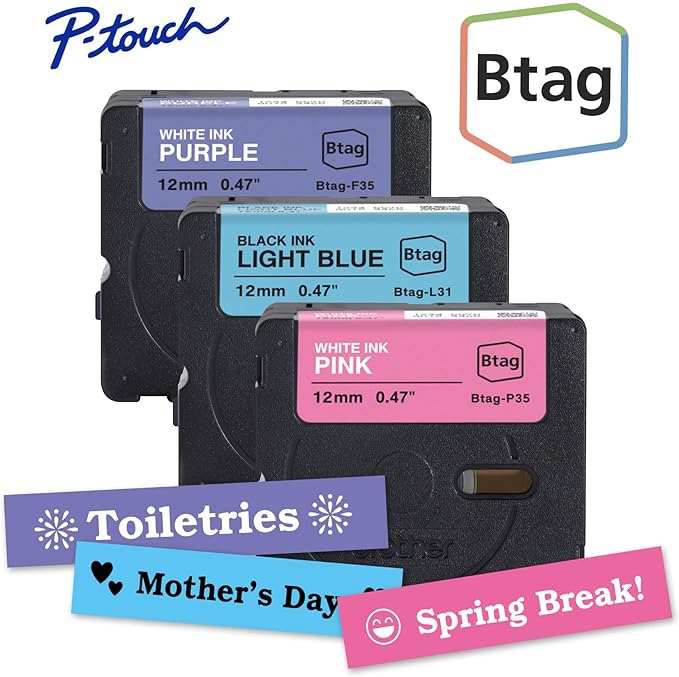 Brother Genuine P-Touch Btag Label Tape, BTAG3M02, 0.47 in by 13.1 ft, White on Purple, Black on Light Blue, White on Pink, 3-Pack. (Works Only with Brother PT-N10, PT-N20, PT-N25BT Label Makers)