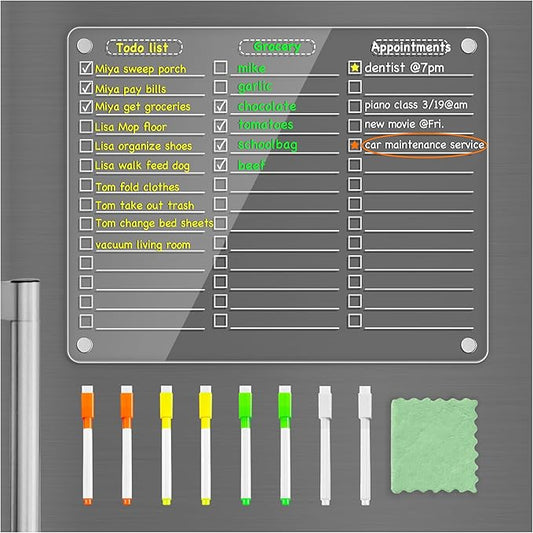 PigPotParty Acrylic Magnetic to Do List WhiteBoard for Refrigerator, 12"x9.5" Clear Dry Erase Checklist White Board, Fridge Grocery List Magnet Pad, Magnetic Chore Chart w/ 8 Markers and 1 Towel