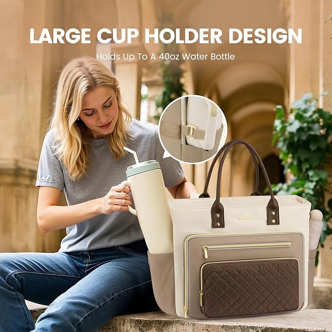 LOVEVOOK 17 Inch Laptop Tote Bag for Women, Teacher Nurse Work Bags, Laptop Bag With Large Cup Holder, Professional Briefcase Business Computer Purses Handbag Gifts,Khaki-Beige-Coffee