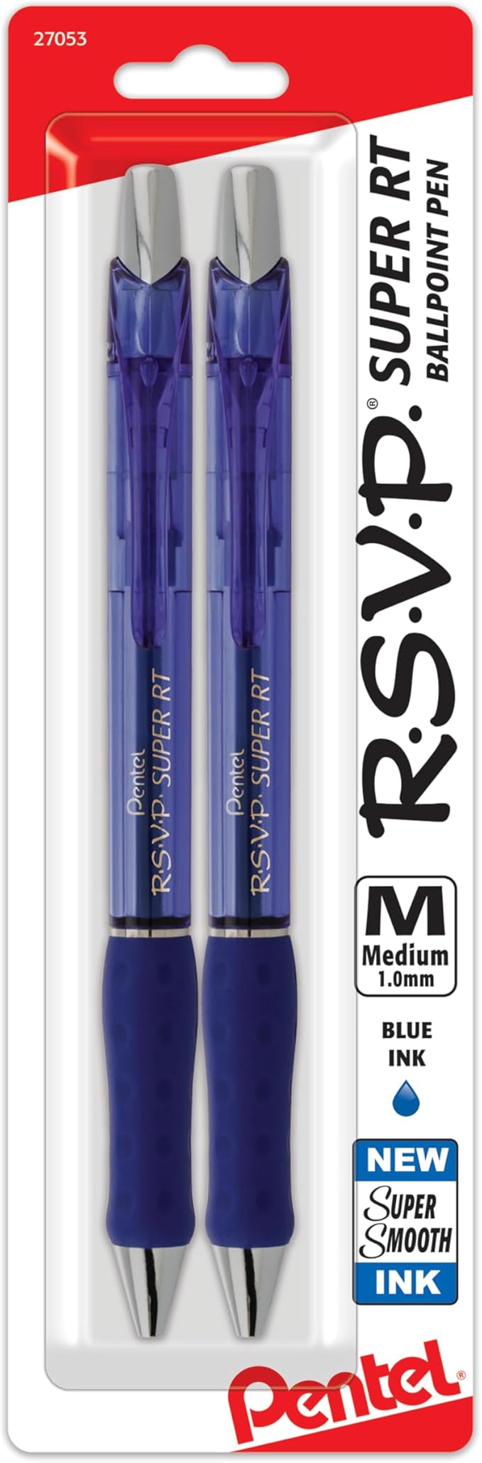 Pentel RSVP Super RT Ballpoint Pen, (1.0mm) Medium Line, Blue Ink, Pack of 2 (BX480BP2C)