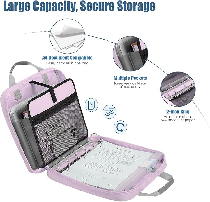 MoKo 2 Inch 3 Ring Zipper Binder - 500 Sheet Capacity with Shoulder Strap & Handle, Multi-Pocket Organizer for Middle School, Purple & Gray