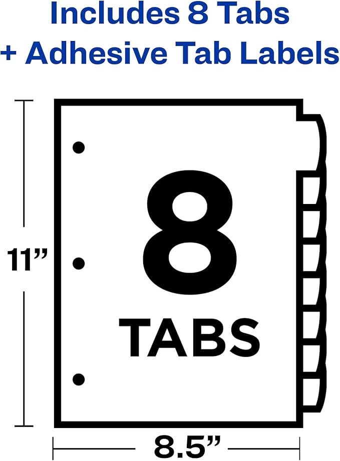 Avery Ultralast Big Tab Plastic Dividers for 3 Ring Binders, 8-Tab Set, Multicolor with White Labels, 1 Set (24901)