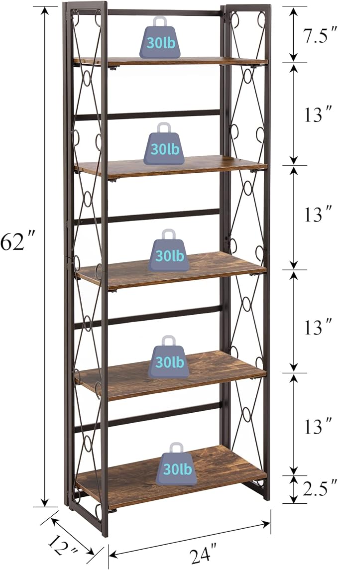 VECELO Folding Bookshelf, 5-Tier Bookcase Easy Assembly, Industrial Tall Book Shelf Storage Organizer for Living Room/Home Office,Antique Brown,1 Set