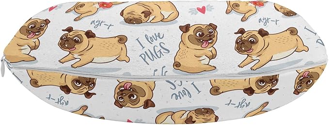 Ambesonne Dog Lover Travel Pillow Neck Rest, I Love Pugs French Bulldogs Playing Rose Bouquets Hearts Listening, Memory Foam Traveling Accessory for Airplane and Car, 12", Pastel Brown Blue Grey