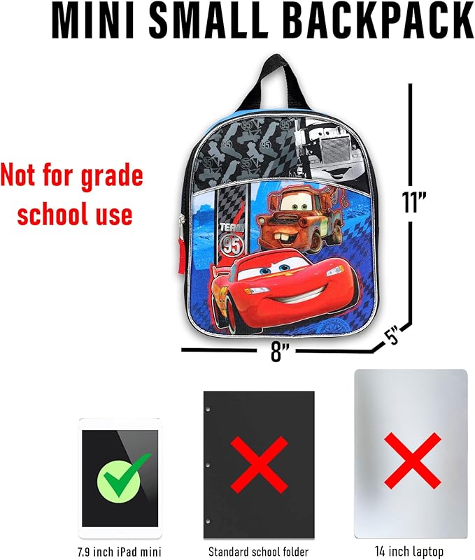 Disney Cars Mini Backpack with Lunch Box Set - Bundle with 11” Small Lightning McQueen Backpack, Lunch Bag, Stickers, More | Disney Cars Lunch Bag Set