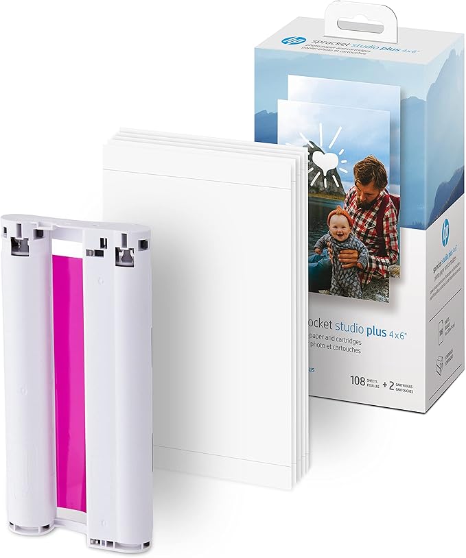 HP Sprocket Studio Plus 4 x 6” Photo Paper and Cartridges (Includes 108 Sheets and 2 Cartridges) – Compatible only with HP Sprocket Studio Plus printer