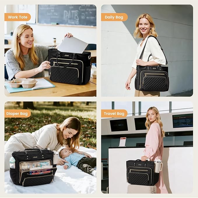 LOVEVOOK Lunch Bag, Tote Bag for Women with Insulated Lunch Compartment, Large Capacity Work Tote fit 17.3 Inch Laptop, Teacher Nurse Bag for Work, Crossbody Bags for Women with Cup Holder, Black