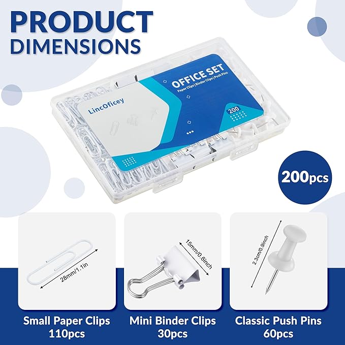 200pcs Paper Clips Binder Clips and Push Pins Set, Mini Clips and Thumb Tacks for Multipurpose Document Organization (White)