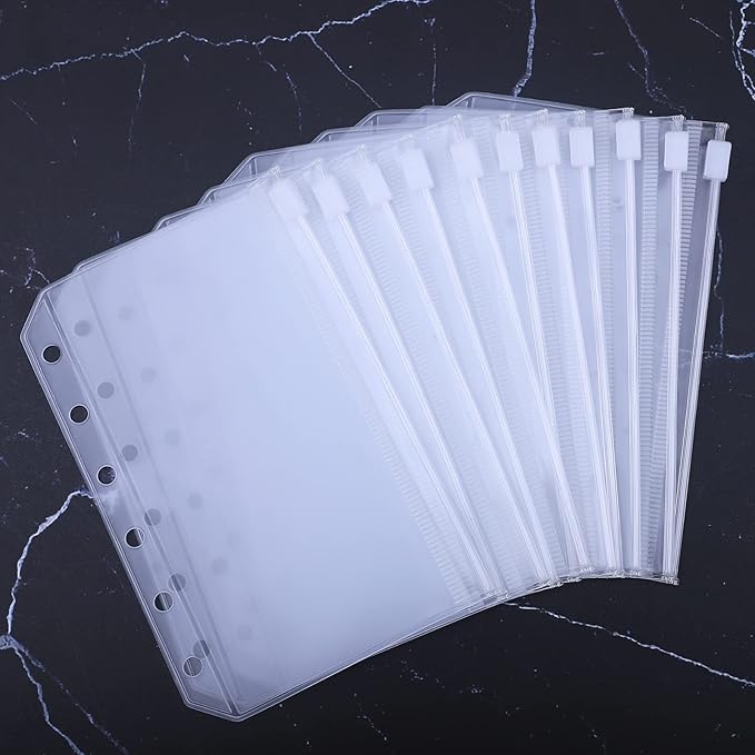 Antner 12pcs A7 Mini Binder Pockets with Zipper, 6 Holes Cash Envelopes for Budgeting, Loose Leaf Bags for A7 6-Ring Budget Wallet Binder, Clear Planner Insert Pouches - 13.3cm x 8.7cm