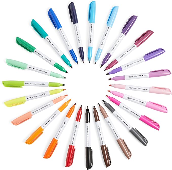 Amazon Basics Fine Tip Permanent Markers for Office, School, and Home Use, Assorted Colors, 24 Pack