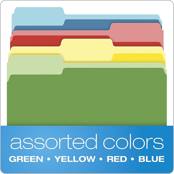 Pendaflex Colored File Folders, 36 Pack, Letter Size (8.5" x 11"), 3 Tabs, Durable Paper, Assorted Colors: Green, Yellow, Red & Blue, Color-Coding for School, Office & Home Document Organization