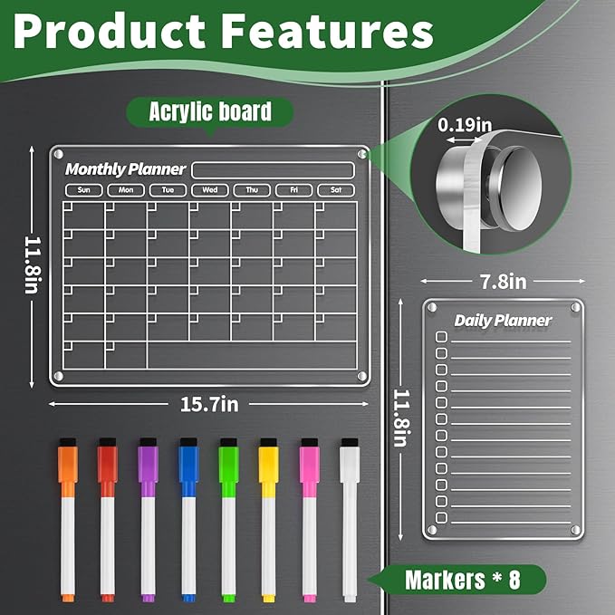 FINDMAG Acrylic Magnetic Dry Erase Board Refrigerator Calendar, Calendar Whiteboard for Wall, Set of 3 Transparent Magnetic Dry Erase Board for Monthly Weekly Daily Menu Planner Whiteboard