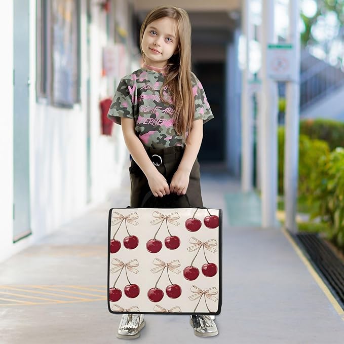 Cherry Pink Bow Cherries Zipper Binder Bag 3 Ring Binder with Shoulder Strap Zip Up 500 Sheets Capacity Multi Pockets for School Office Supplies