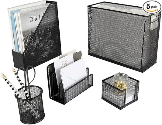 BLU MONACO Black Desk Organizer Set | 5-Piece Metal Office Supplies Collection with Hanging File Organizer, Magazine Holder, Pen Cup, Sticky Note Holder & Letter Sorter | Workspace Organization