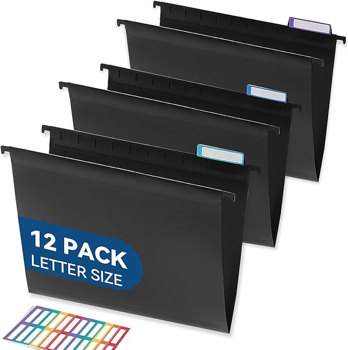 Plastic Hanging File Folders, Sturdy & Tear-Resistant, Letter Size, 12 Pack with Insertable 1/5-Cut Tabs, Black