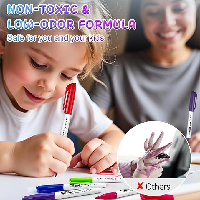 SFAIH Dry Erase Markers Fine tip 12 Colors, 12 Pack (1 Dozen) Low Odor Whiteboard Markers for Classroom, Homeschool, Non-Toxic Gift for Kids, Travel Drawing, Learning to Write, Reusable Art Supplies