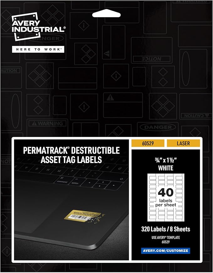 Avery White Asset Tag Labels, 3/4" x 1-1/2", Destructible Laser Printable Tags, 329 Waterproof Labels (60529)