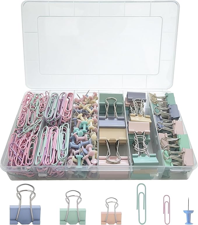 282 Pcs Colored Office Clips Set Binder Clips and Paper Clips Push Pin Colored Assorted Sizes Small Medium Large for Home School Office Supplies