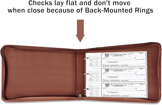 LLi Cufite 3 Rings Check Binder for End-Stub Deskbook Checks, Zipper Business Check Binder, 3 on a Page, Fit 3 & 9 Holes Check Faux Leather (Brown)