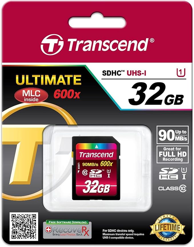 Transcend 32GB SDHC Class 10 UHS-1 Flash Memory Card Up to 90MB/s (TS32GSDHC10U1)