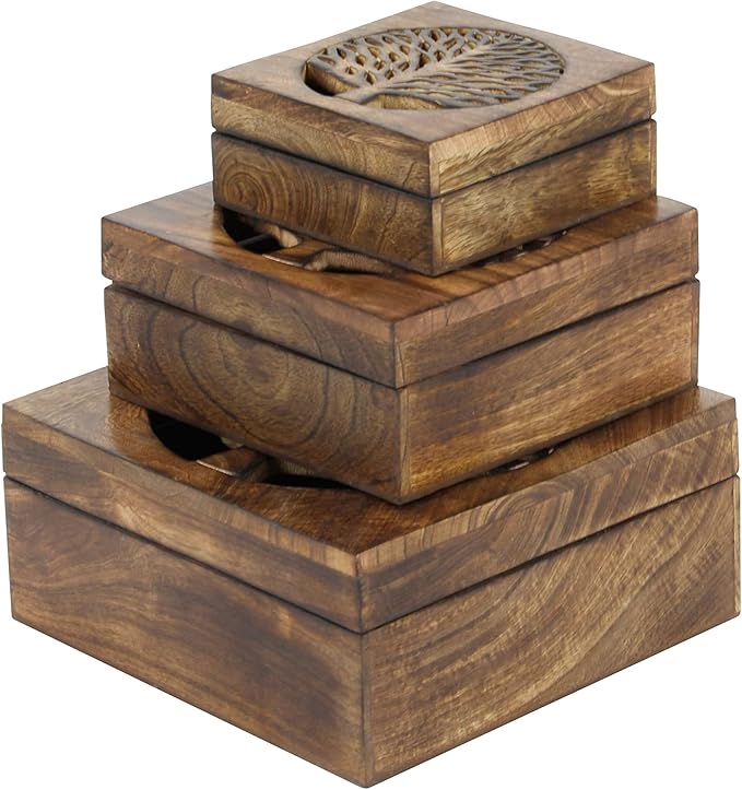 Deco 79 Wood Tree Handmade Decorative Box Decorative Keepsake Boxes with Hinged Lid, Set of 3 Storage Boxes, Brown