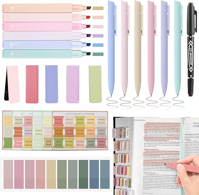 25Pcs Bible Journaling Kit, 6 No Bleed Bible Highlighters, 6 Color Pens, 90 Laminated Bible Tabs, Magnetic Bookmarks, Sticky Notes, Bible Study Supplies, Bible Study Kit for Women
