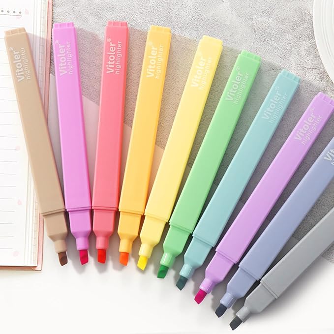 Vitoler Aesthetic Highlighters,10 Pcs Chisel Tip,Dry Fast Easy to Hold,Highlighter Set of Cute Office Desk Accessories, School Supplies