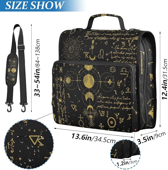 3 Ring Zipper Binder with Shoulder Strap Sun Moon Astrology Boho 1.5 inch Binders Keeper Large Capacity Multi Pockets for School Office Supplies