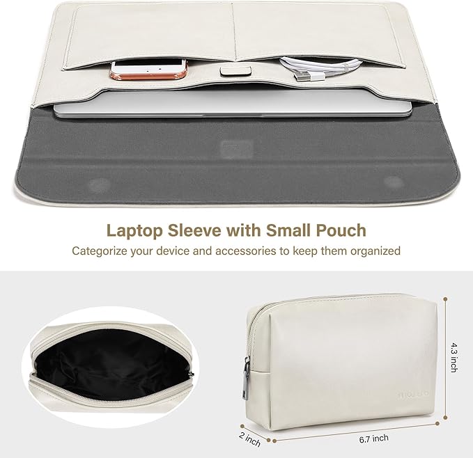 MOSISO Laptop Case 13.3 inch, 13-13.3 inch Laptop Sleeve Compatible with MacBook Air/Pro 13 / Pro 14, HP Dell ASUS Lenovo Notebook, PU Leather Flap Carrying Case with Stand&Small Pouch, Beige