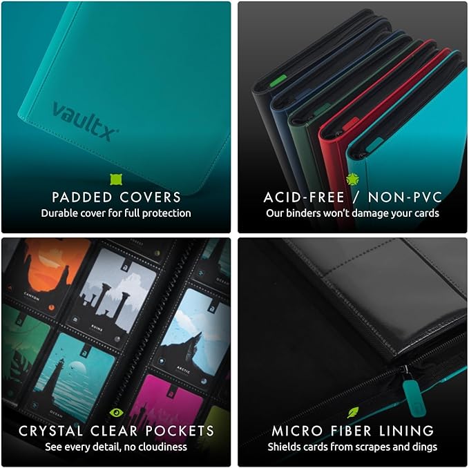Vault X 4 Pocket Trading Card Zip Binder, 160 cards, Premium Exo-Tec Album Material, 20 Side-Loading Pages, Folder for Collectible Card Games, Sports, TCG (Teal)