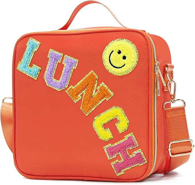 Insulated Lunch Bag Women Lunch Box Kids for Teen Girls Boys, Cute Preppy Lunch Boxes With Adjustable Shoulder Strap, Waterproof Nylon Lunchbox Lunch Bags for School Work Picnic (Orange)