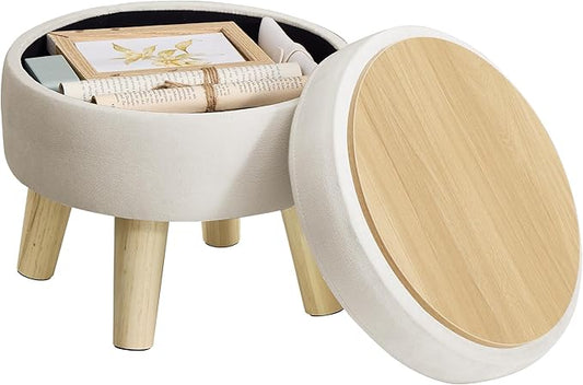 SONGMICS Storage Ottoman, Foot Stool, Round Ottoman with Padded Seat, Foot Rest with Wood Legs, Small Table, for Hallway, Living Room, 12.2 Inches, Velvet, Cream White ULOM513LH01