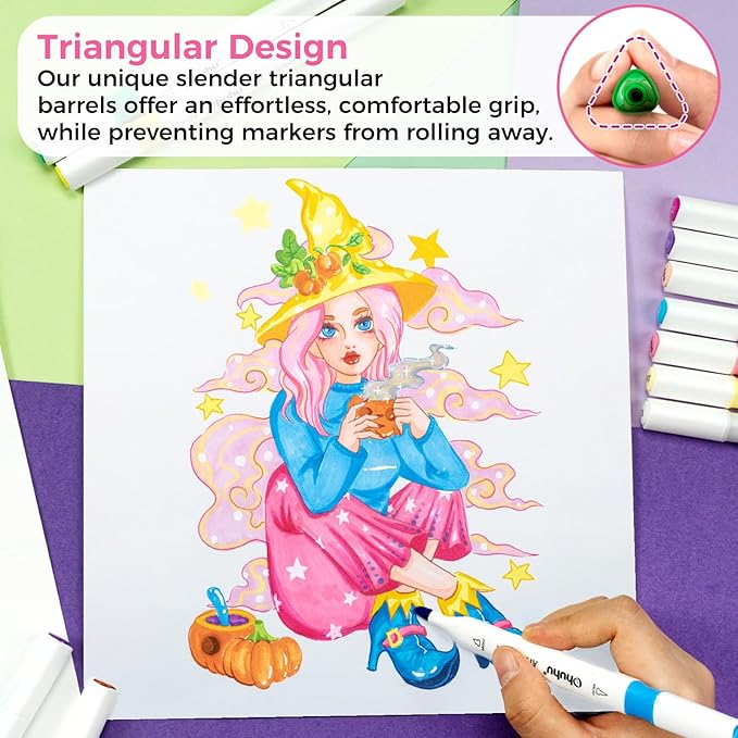 Ohuhu Markers, 48-color Double Tipped Alcohol Markers, Chisel & Fine Alcohol-based Art Marker Set for Adults Coloring Illustration, Great Value Pack for Students' Art Class, Better Designed Grip