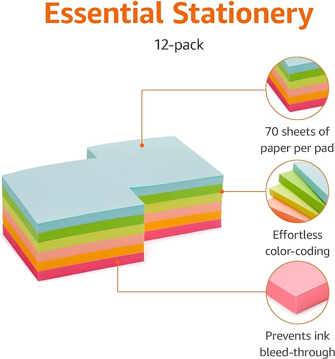 Amazon Basics Square Sticky Notes for Home, Office, School Supplies, Clean Removal, 3x3 Inches, Assorted Bright Colors, Self-Stick Pads, 70 Sheets/Pad, 12-Pack