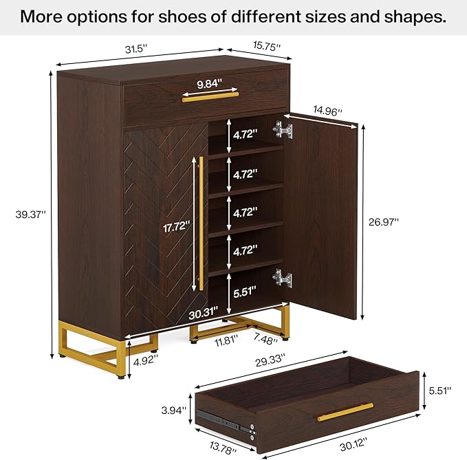 Tribesigns Shoe Cabinet with Doors, 20 Pairs Shoe Storage Cabinet with Drawer for Entryway, Modern Shoe Rack Organizer with Adjustable Shelves for Hallways Bedroom Living Room, Walnut & Gold